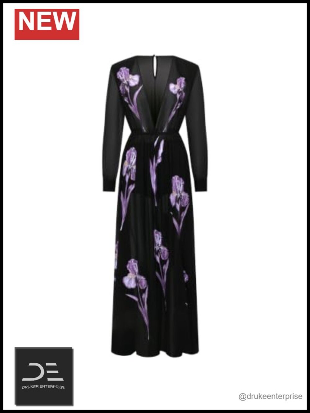 Floral Print Long-Sleeve Sheer Gown